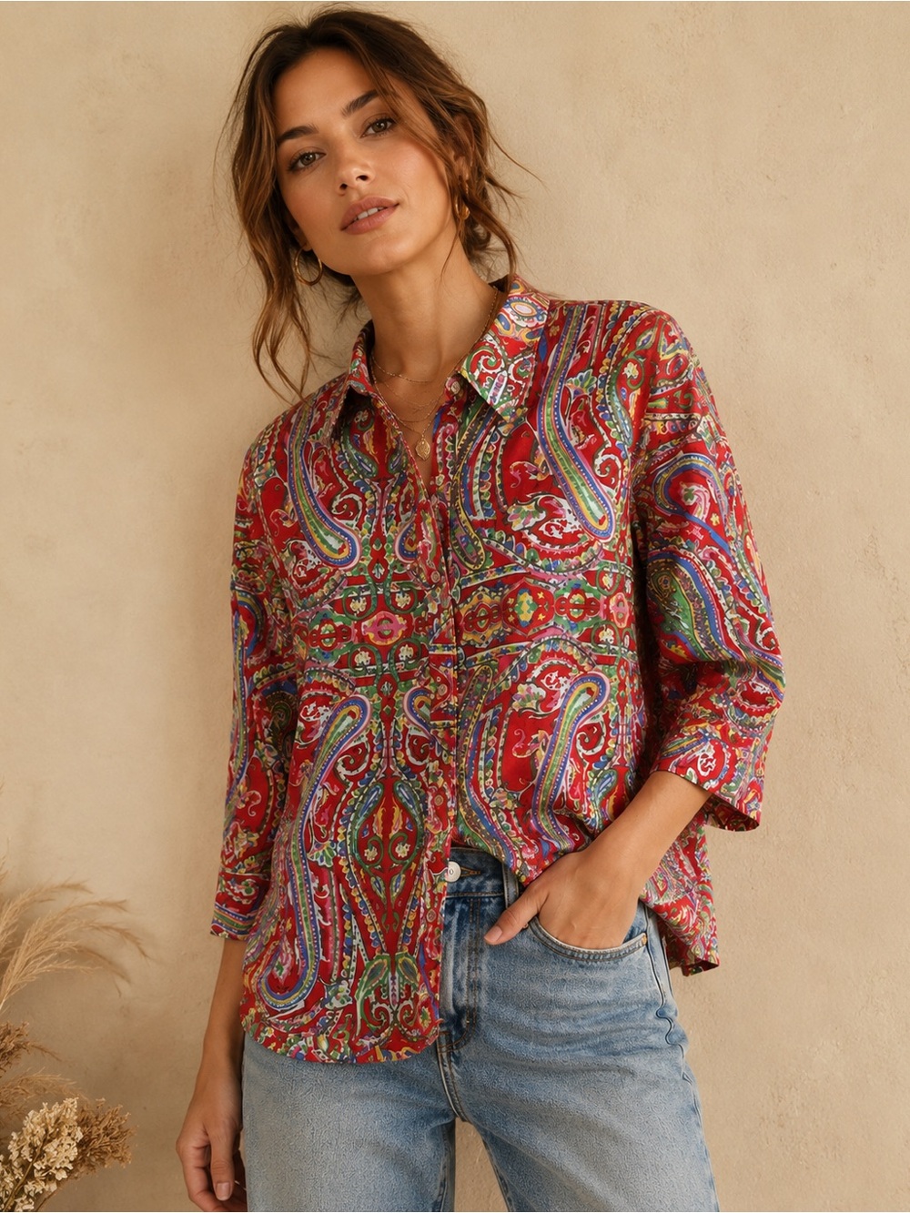 Ralph Lauren Red Multicolor Petite Paisley Button Front Woman Shirt Cotton Boho